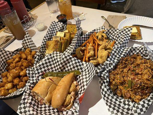 Tater tots, shrimp po boy, cornbread, catfish bites, jambalaya