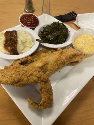 Whiting, collard greens, garlic mashed potatoes and corn muffin.