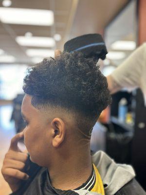 Drop fade,curl sponge on top