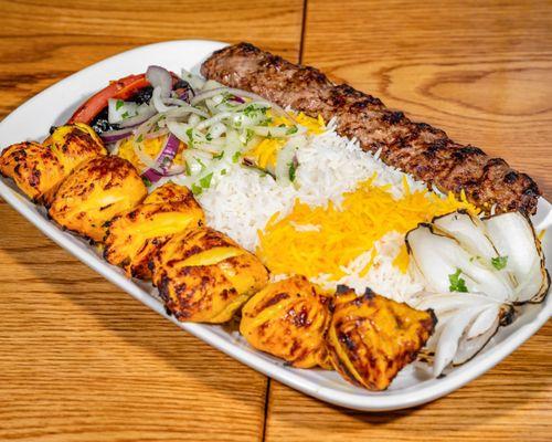 Chicken kabob and Beef kubideh