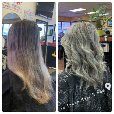 Before and after. Silver blonde with no damage at all! Hair is healthy with a beautiful shine and bounce to it!