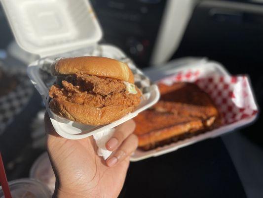 Spicy chicken sandwich and grilled cheese birria