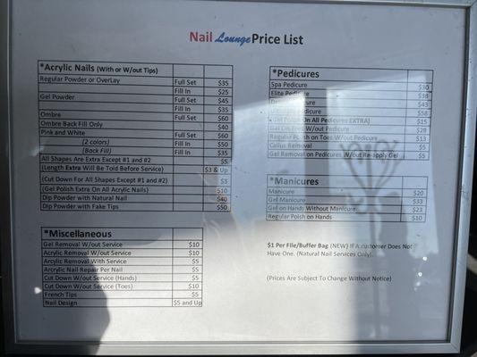 Updated Nail Lounge Price List  As of 12/03/21