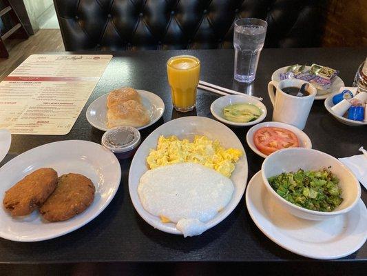 2 salmon Pattie's, 2 Eggs, Grits or Rice or HashBrowns, Toast or Biscuits. Add: grilled green peppers & broccoli, sliced tomatoes & avocado