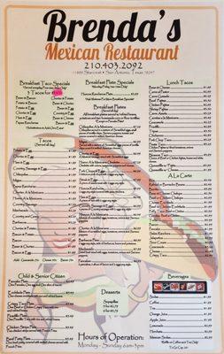 Front side of current menu (Jan 2023)