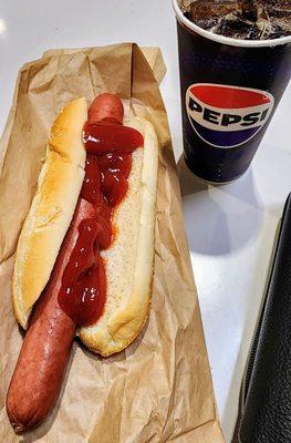 Pepsi & chicken bake underneath for The Homie. Giant hot dog as cheap, on the go lunch for me. (9/20/24)