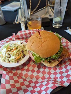 Delicious fried chicken sandwich with homemade cole slaw.