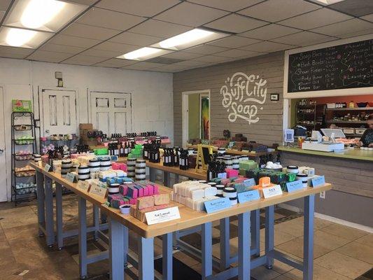 Tons of soaps, shampoos, fizz balls, lotions. Also have men's stuff too. Formally Bartlett soap company