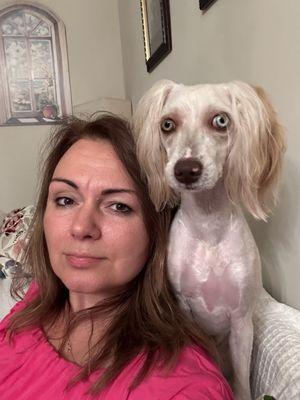 Sandy after the grooming service - you could see uneven shaving of her hair to the skin on the chest and complete shave of her head