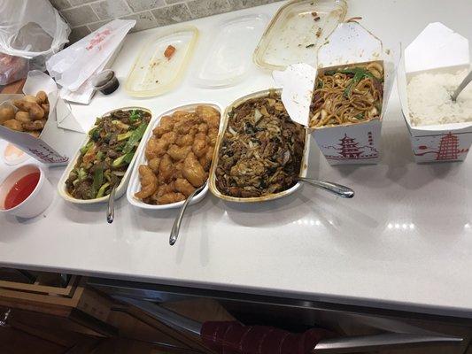 Sweet and sour pork, Beef & Garlic Sauce, Bang bang chicken, moo shu pork, pork lo mein.