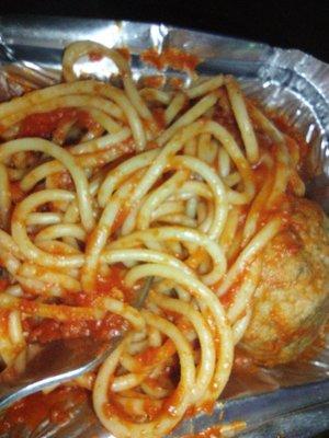 Spaghetti with one meatball kids meal