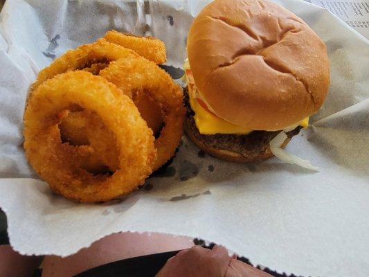 Cheeseburger and onion rings