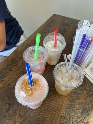 Strawberry Cheesecake Shake, Nutter Butter Shake, Jolly Rancher Legendary Shake, and Basic Cherry Berry and Raspberry Tea.