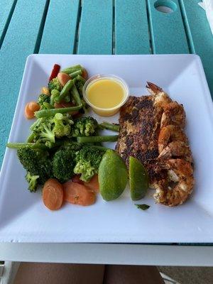 Blackened fish and shrimp with veggies