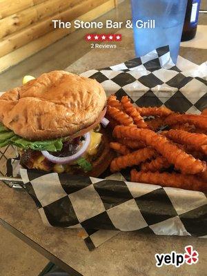 Stone bar burger with bacon and cheese.  Sweet potato fries.