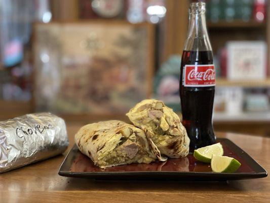 Chili Verde breakfast burrito with an ice cold bottle of Coke.