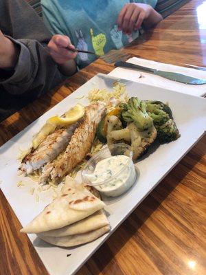 Sea bass plate with roasted veggies pita slices and tzatziki sauce