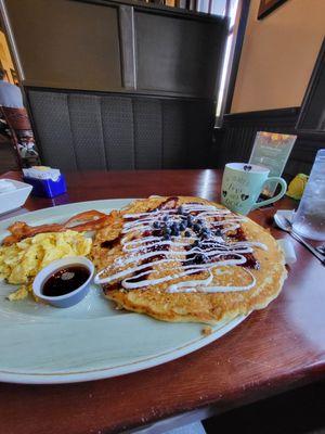 Blueberry Streusel Pancake with bacon and scrambled eggs