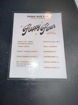 Happy Hour menu: 3:00-5:00 PM