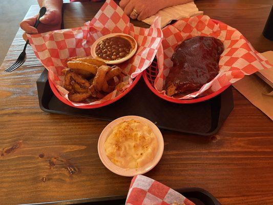 BBQ Ribs - Half Slab, mac and cheese, baked beans, and onion rings!