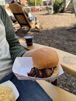 Brisket sandwich and Mac and cheese