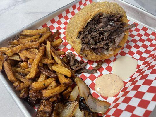 Pita Crunch Shawarma / Served with grilled onions, fried eggplant, french fries and sauces