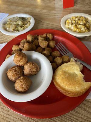 Fried corn Cabbage  Fried Okra & the best hush puppies I have ever had!!