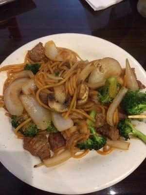 Steak and shrimp lo mein prepared to order at the hibachi station.