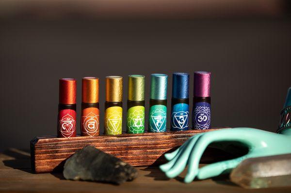 CBD Crystal Chakra Oil Sets $200 with wood display base included