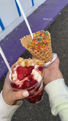 Strawberry Cheesecake Parfait Superman w/ fruity pebble 2 waffle cone