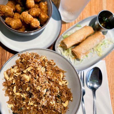 Basil Fried Rice, Spring Rolls, and Spicy Tater Tots