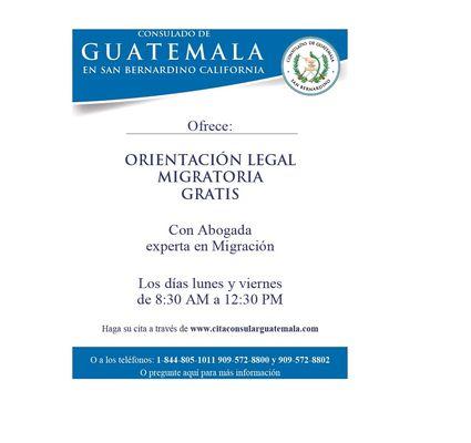 Contamos con el servicio de Asesoría Legal Migratoria GRATIS en el Consulado de Guatemala en San Bernardino, CA, Haz tu cita, te esperamos!