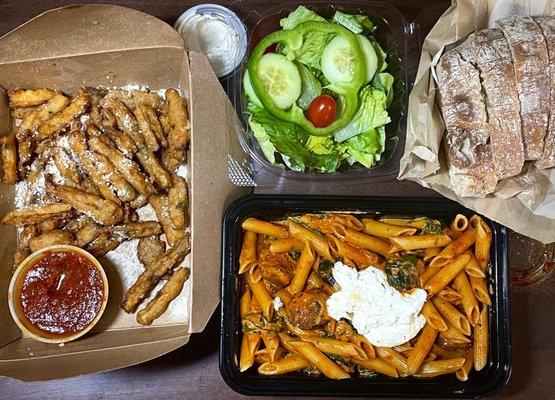 Eggplant Fries Andys Special, side salad and bread