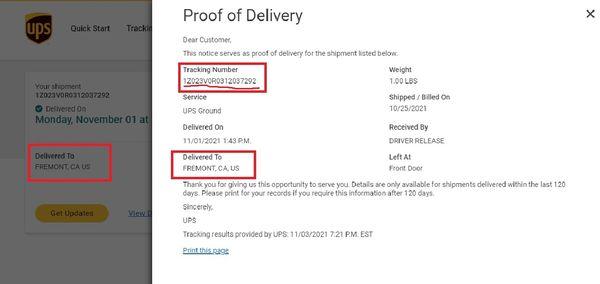 matching tracking number, delivery to wrong address in another state