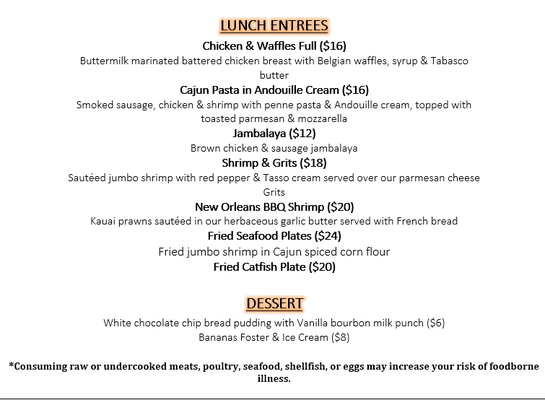 Bourbon Street Lunch Menu