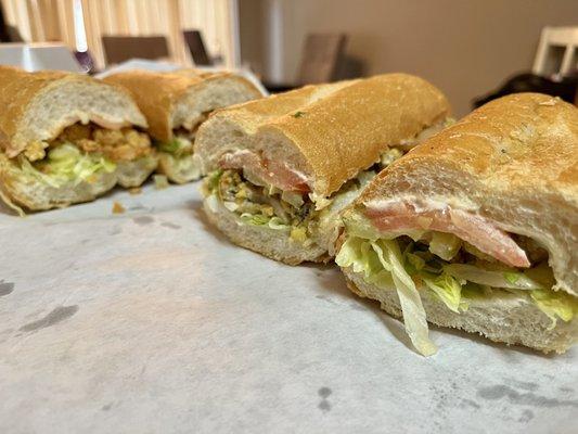 Two 12" fried shrimp and fried oysters poboys