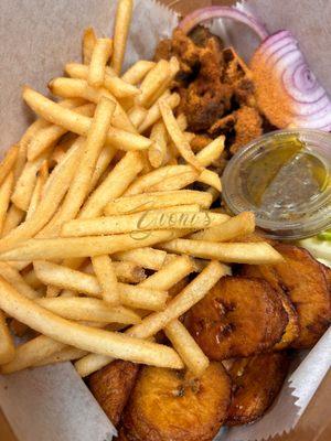 Beef suya with French fries and sweet plantains