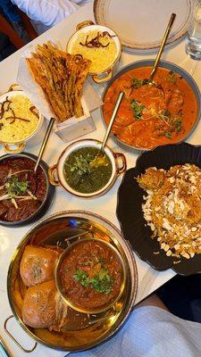 Truffle Pav Bhaji+rosemary buns; Kashmiri Lamb Rogan Josh; Saag Paneer; Old Delhi Butter Chicken; Thalassery Bamboo Biryani