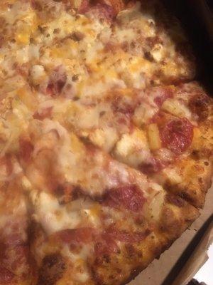 Six cheese pizza add pepperoni, salami & pineapple