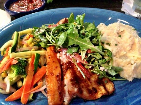 Grilled trout topped with inexplicable yet delicious arugula feta salad.