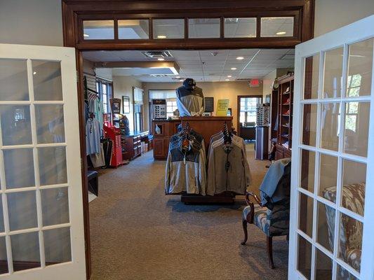 Inside the clubhouse. Entrance to golf shop.