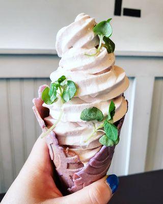 shiso pretty sundae (strawberry soft serve, white balsamic reduction, shiso in a grape cone)