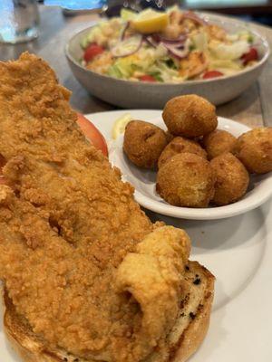 Flounder Sandwich with hush puppies.  Garden salad with grilled shrimp.