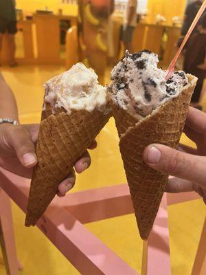 Honey pb & cookies and cream on waffle cones