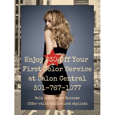 Enjoy $30 off your first color service at Salon Central. Select Stylists.