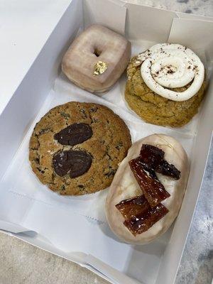 Maple bacon, buttermilk glazed donuts, salted chocolate chip and pumpkin cream cheese cookies