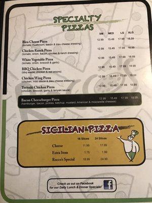 Rocco's Menu items and prices as of 6/8/17