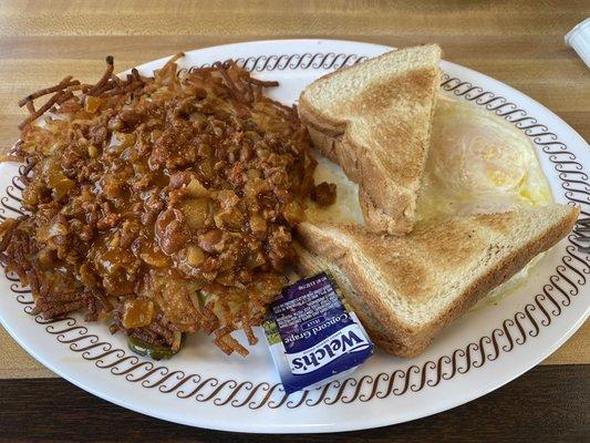 2 egg breakfast w/ hash browns smothered covered peppered and topped