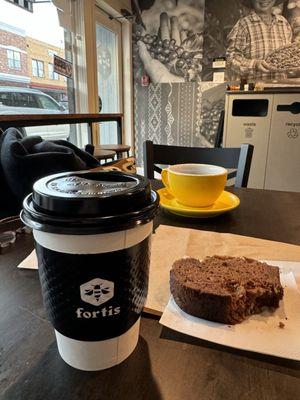 Americano, mocha latte, and banana loaf