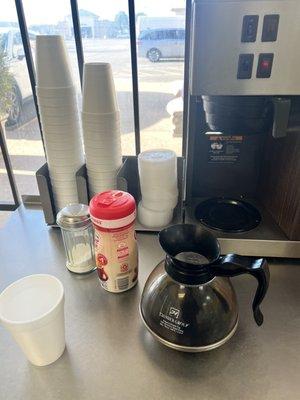 Coffee, not sure what type it is. $1.50 per cup, expensive. I don't know if it decaf or Folgers or what...